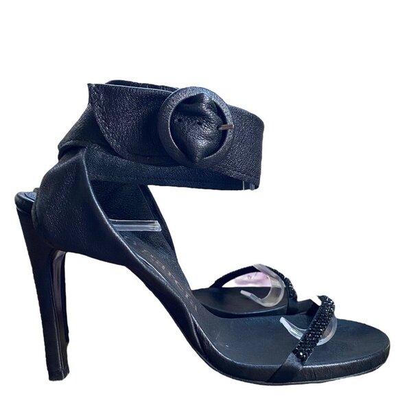 Pedro Garcia Black Leather Abby Jeweled Statement Buckle Heels - Picture 1 of 8